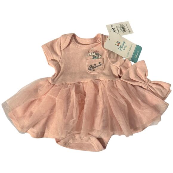 NWT Disney Minnie Mouse pink bodysuit dress w/ tutu skirt & bow headband NEWBORN - Picture 1 of 5